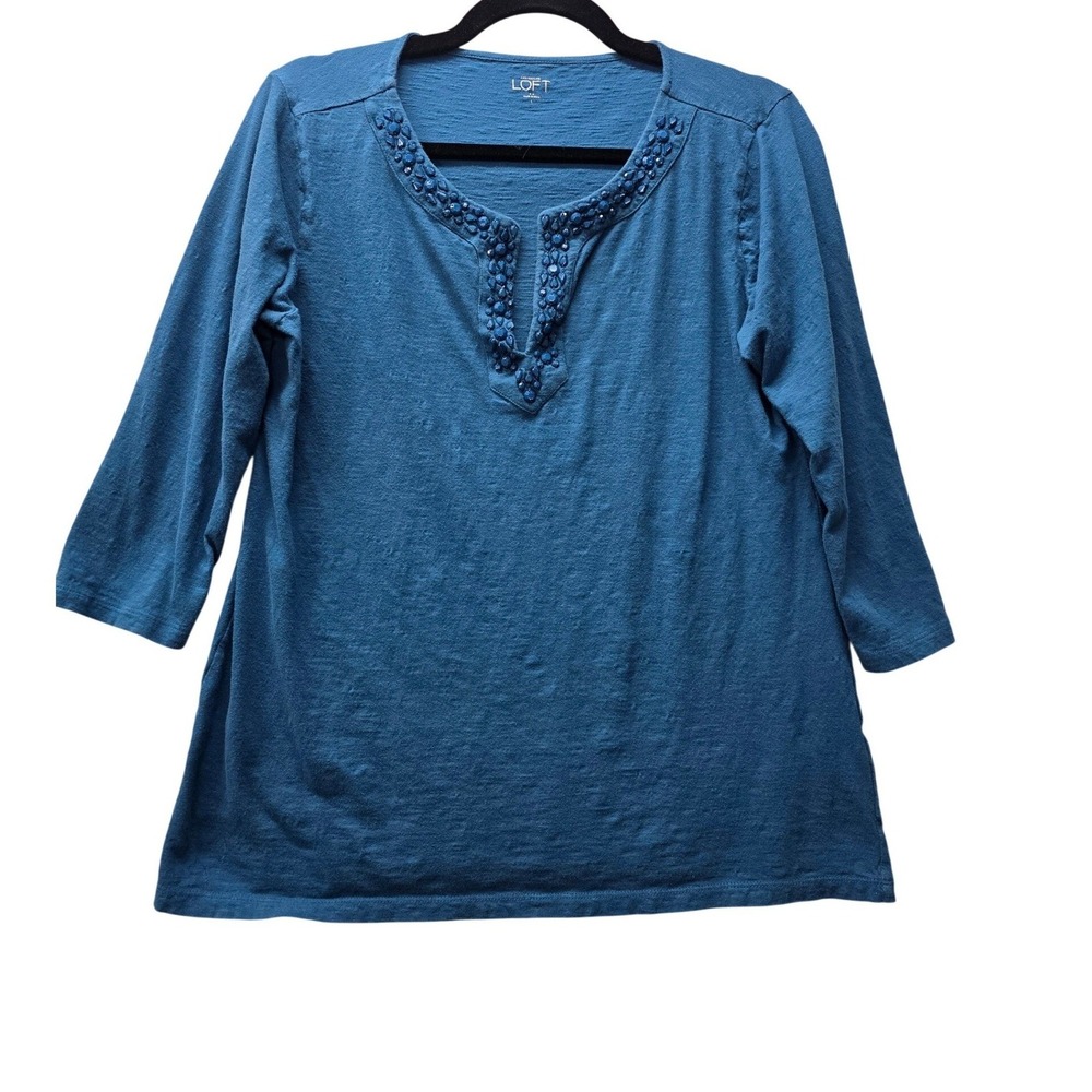 Loft Ann Taylor Teal Blue Beaded Split Neck Cotton Top 3/4 Sleeve Size L